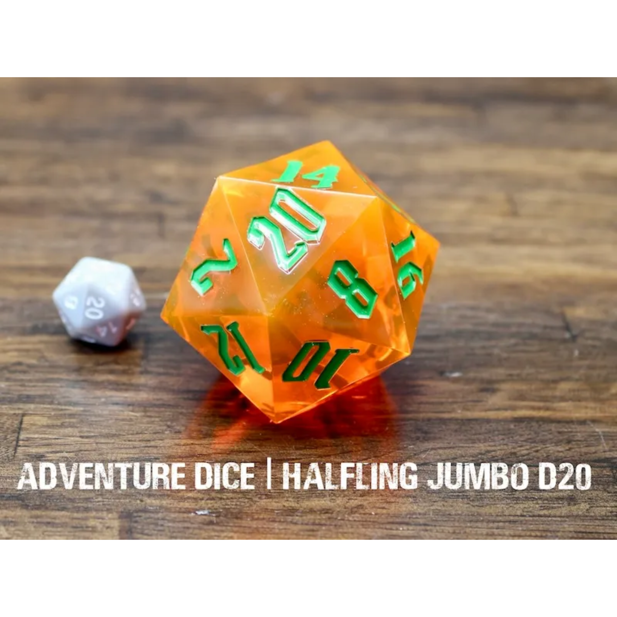 Halfling Jumbo D20 Transparent Orange with Green Numbers